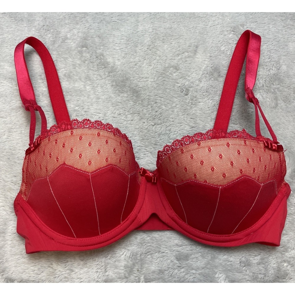 Adore Me Push Up Bra Womens 32D Red Lace Padded Balconette Underwire‎ Sexy